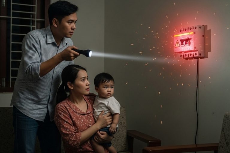 Hình ảnh aptomat bị nhảy gây mất điện trong một gia đình, minh họa cho các nguyên nhân khiến aptomat nhảy liên tục và cần xử lý an toàn.