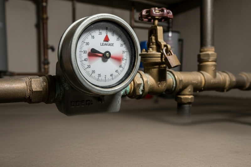 Hình ảnh đồng hồ đo áp lực nước chỉ mức "LEAKAGE" (rò rỉ), thể hiện sự thất thoát nước ngầm dù đã khóa hết vòi.