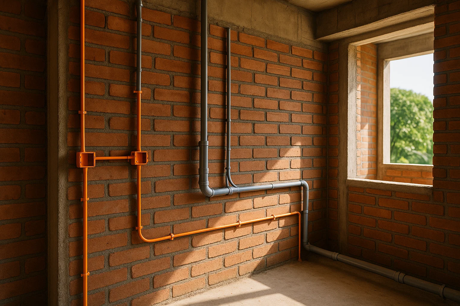Hệ thống điện nước âm tường được thi công chuyên nghiệp bởi Phúc Lâm tại một công trình nhà mới ở Hải Phòng.