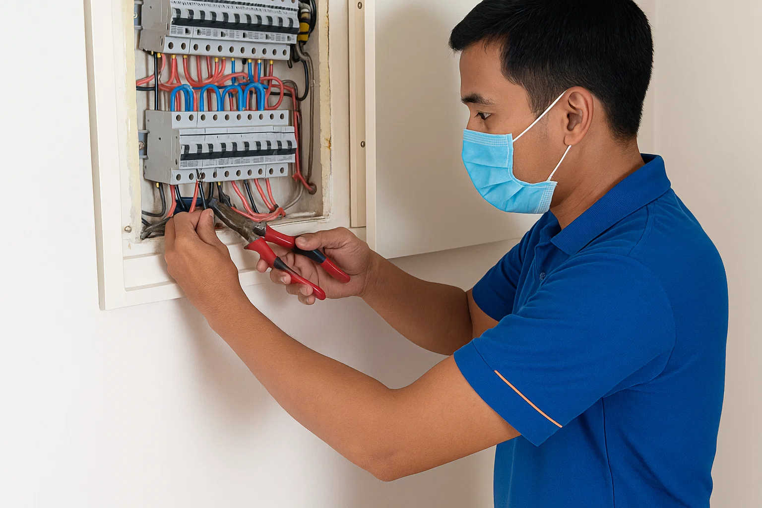 Thợ sửa điện chuyên nghiệp của Điện Nước Phúc Lâm đang kiểm tra và sửa chữa aptomat tại một gia đình ở Hải Phòng.