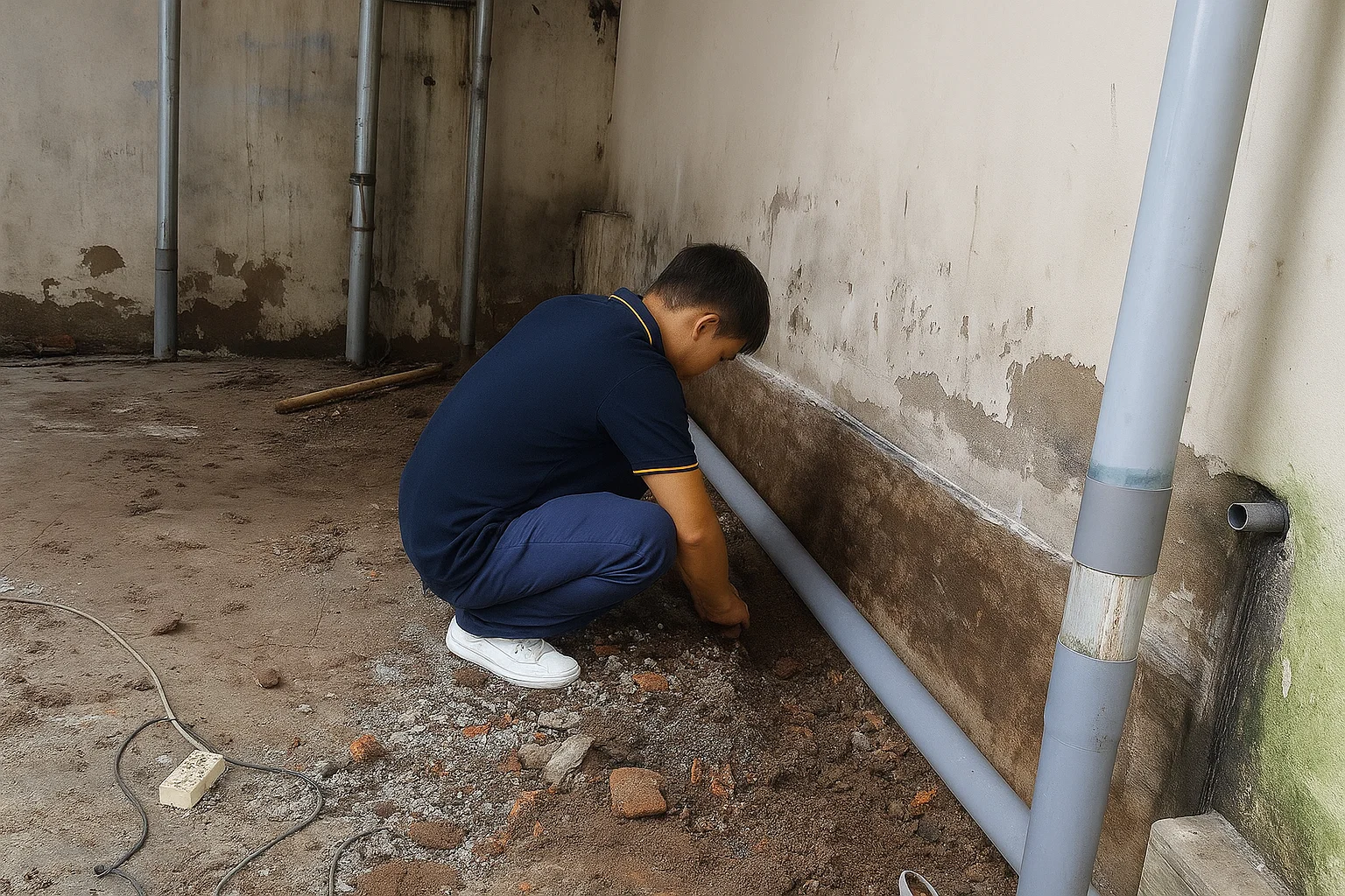 Thợ đang xử lý sự cố bục vỡ và cải tạo lại hệ thống đường ống nước tại một công trình ở Hải Phòng.